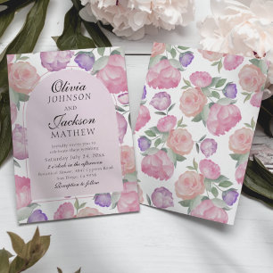 Convite Casamento Floral Boho Rosa e Roxo em Aquarela