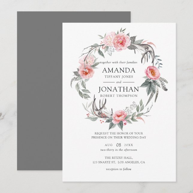 Convite Casamento Floral Boho Rosa Pastel e Cinza (Frente/Verso)