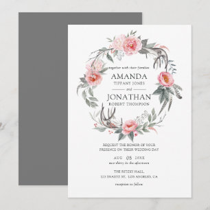 Convite Casamento Floral Boho Rosa Pastel e Cinza