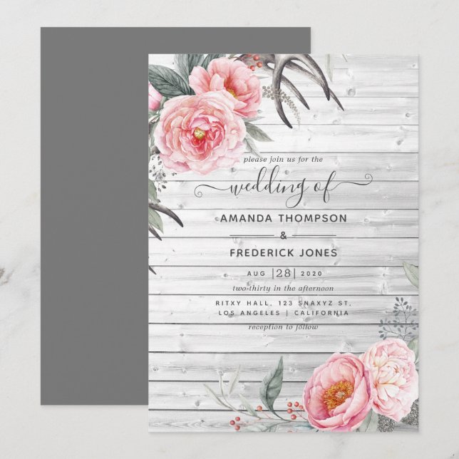 Convite Casamento Floral Boho Rústico em Rosa Pastel e Cin (Frente/Verso)
