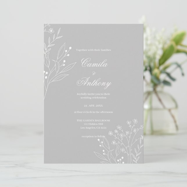 Convite Casamento Floral Boho Silver White Corner (Em pé/Frente)