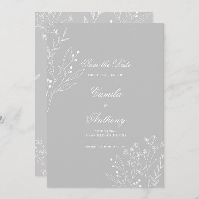 Convite Casamento Floral Boho Silver White Corner (Frente/Verso)