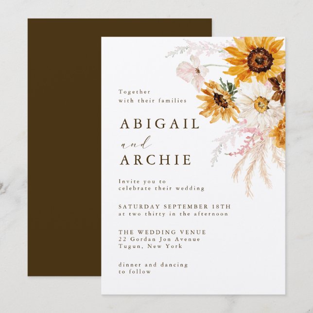 Convite Casamento Floral Boho Sunshine (Frente/Verso)