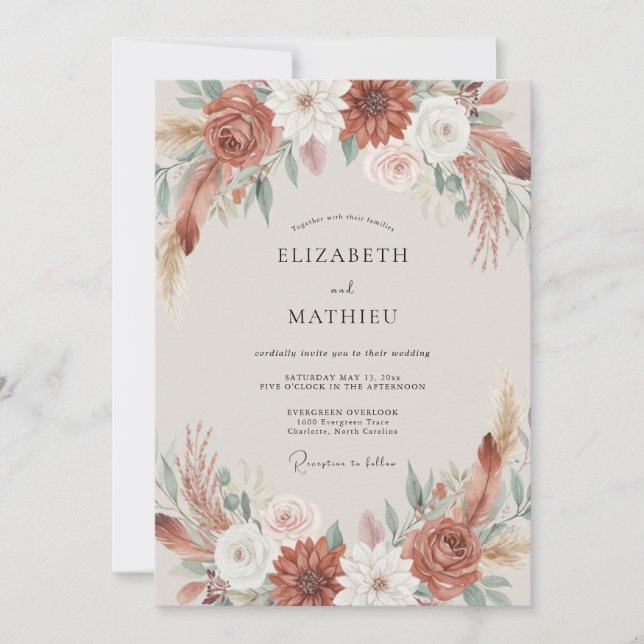 Convite Casamento Floral Boho Terracota (Frente)