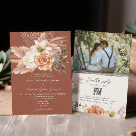Convite Casamento Floral Boho Terracota Código QR