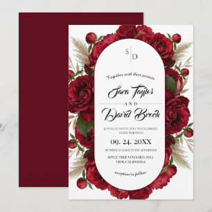 Convite Casamento Floral Boho Vermelho Borgonha Aquarela M