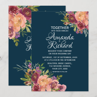 Convite Casamento Floral Bonito Azul Naval de Outono
