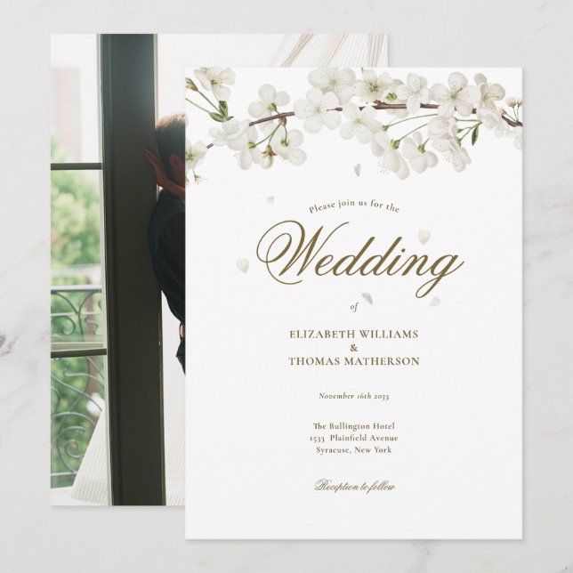 Convite Casamento Floral Bonito Branco Flor Foto (Frente/Verso)