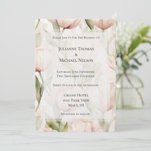 Convite Casamento Floral bonito Com Creme Rosa Tulipas (Em pé/Frente)