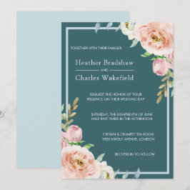 Convite Casamento Floral bonito Teal Watercolor