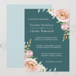 Convite Casamento Floral bonito Teal Watercolor