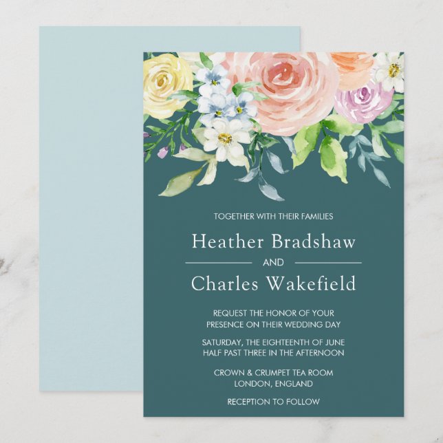 Convite Casamento Floral bonito Teal Watercolor (Frente/Verso)