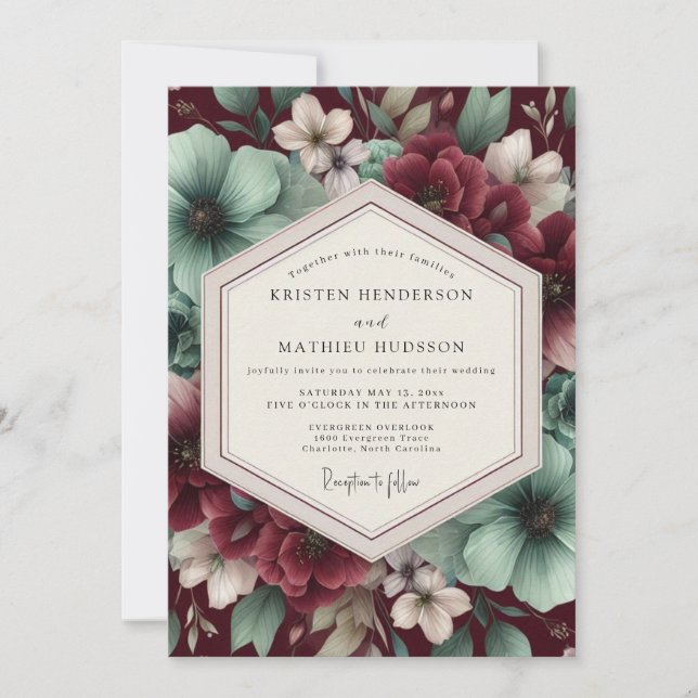 Convite Casamento Floral Borgonha (Frente)