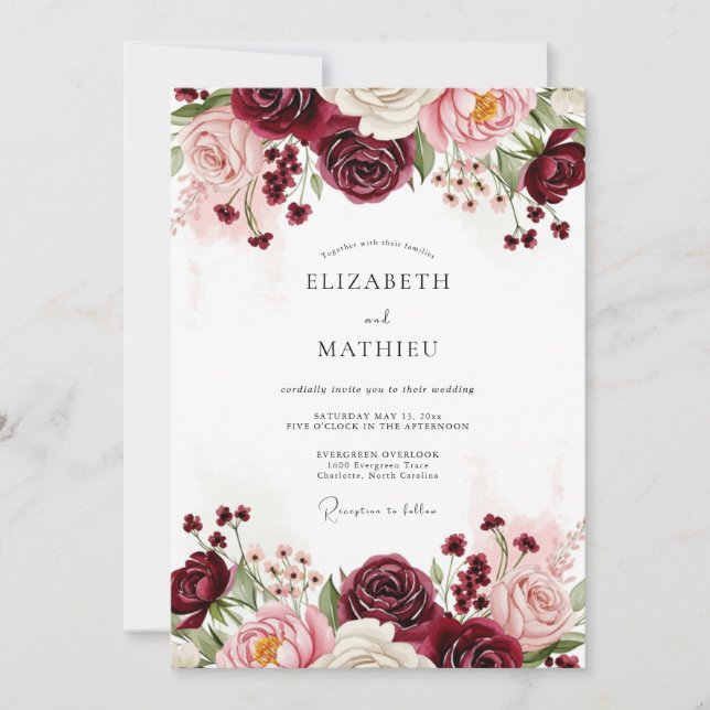 Convite Casamento Floral Borgonha (Frente)