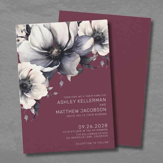 Convite Casamento Floral Borgonha (Fall Romantic Burgundy Floral Wedding Invitation)