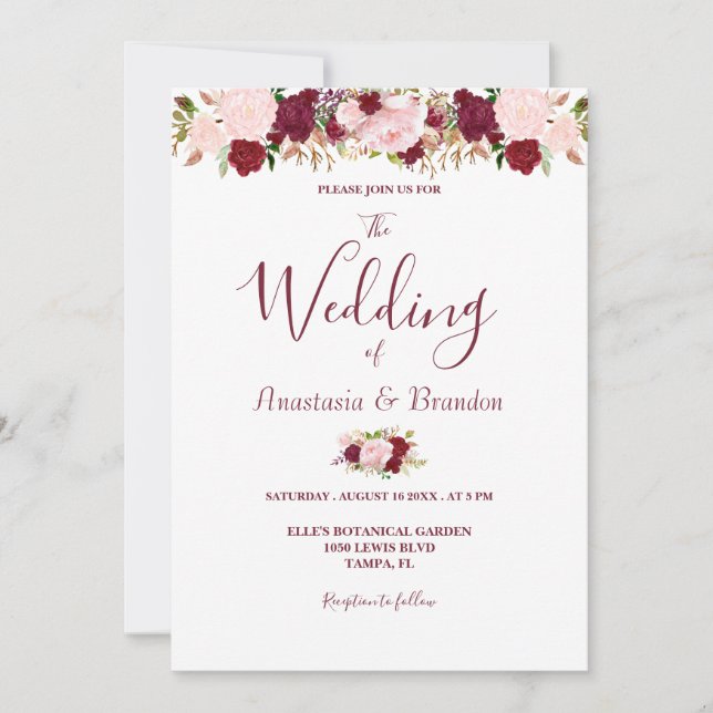 Convite Casamento Floral Borgonha (Frente)