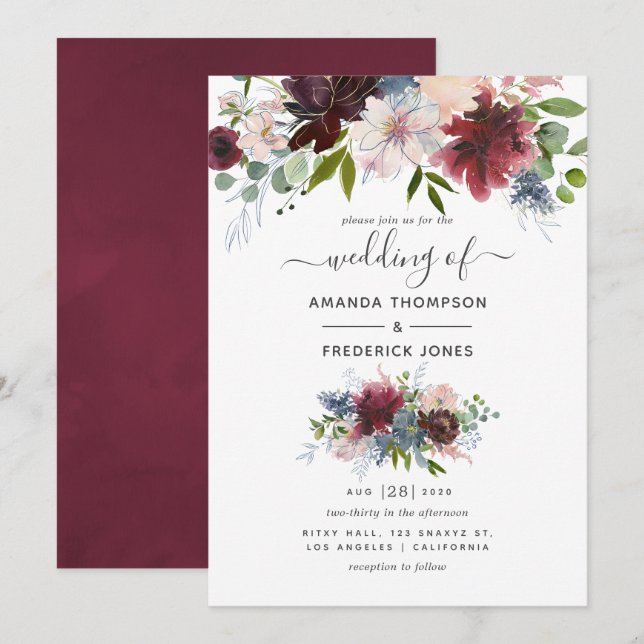 Convite Casamento Floral Borgonha, Azul Marinho e Blush (Frente/Verso)