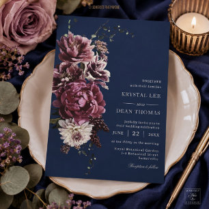 Convite Casamento Floral Borgonha Azul Naval Escuro Temper