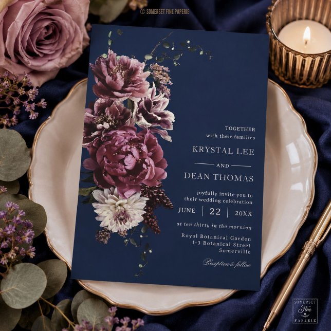 Convite Casamento Floral Borgonha Azul Naval Escuro Temper (Criador carregado)