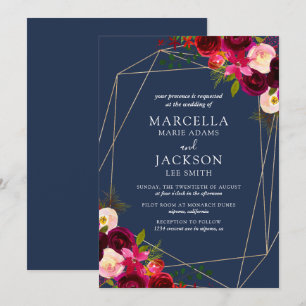 Convite Casamento Floral Borgonha e Azul Marinho