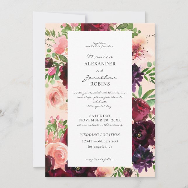 Convite Casamento Floral Borgonha e Bege em Rosa (Frente)