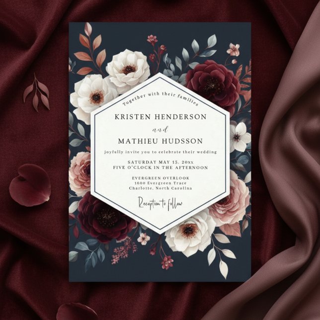 Convite Casamento Floral Borgonha em Flor (Criador carregado)