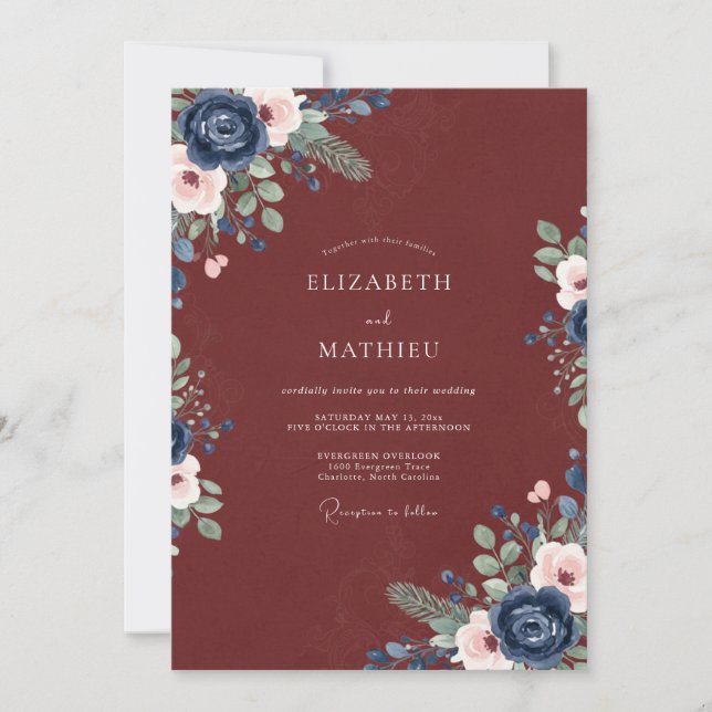 Convite Casamento Floral Borgonha Naval Rosa (Frente)