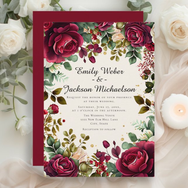 Convite Casamento Floral Borgonha Roteiro Romântico (Burgundy / red roses and greenery wedding invitation)
