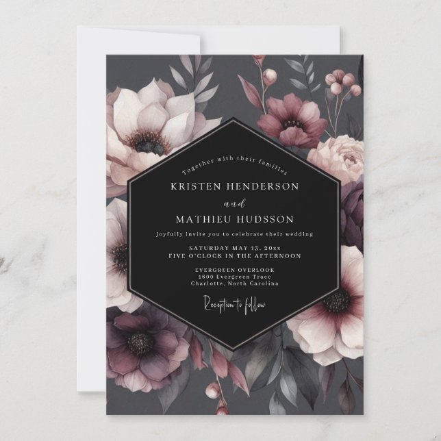 Convite Casamento Floral Borgonha Temperamental (Frente)