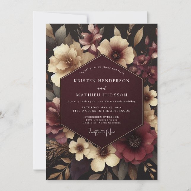 Convite Casamento Floral Borgonha Temperamental (Frente)