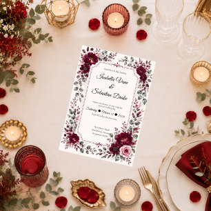 Convite Casamento Floral Borgonha Vintage