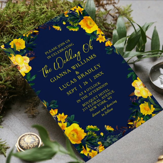 Convite Casamento Floral Botânico Amarelo Elegante (Criador carregado)