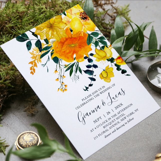 Convite Casamento Floral Botânico Amarelo Elegante (Criador carregado)