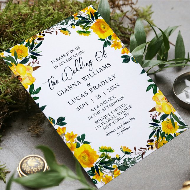 Convite Casamento Floral Botânico Amarelo Elegante (Criador carregado)