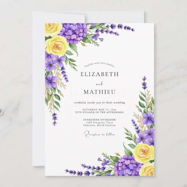 Convite Casamento Floral Botânico Amarelo Lavanda (Frente)