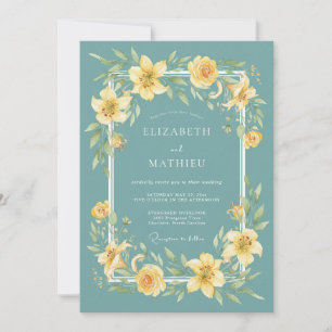 Convite Casamento Floral Botânico Amarelo Turquesa