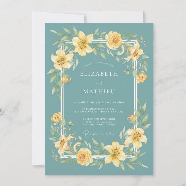 Convite Casamento Floral Botânico Amarelo Turquesa (Frente)
