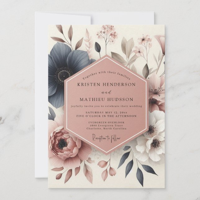 Convite Casamento Floral Botânico Azul (Frente)