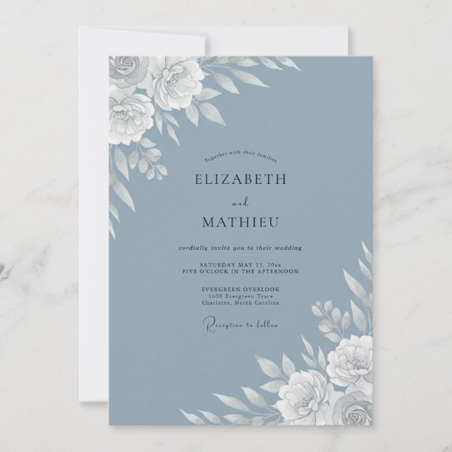 Convite Casamento Floral Botânico Azul Aço (Frente)