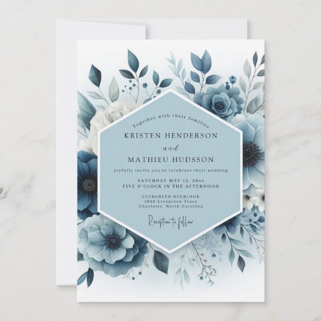 Convite Casamento Floral Botânico Azul Ardesia (Frente)