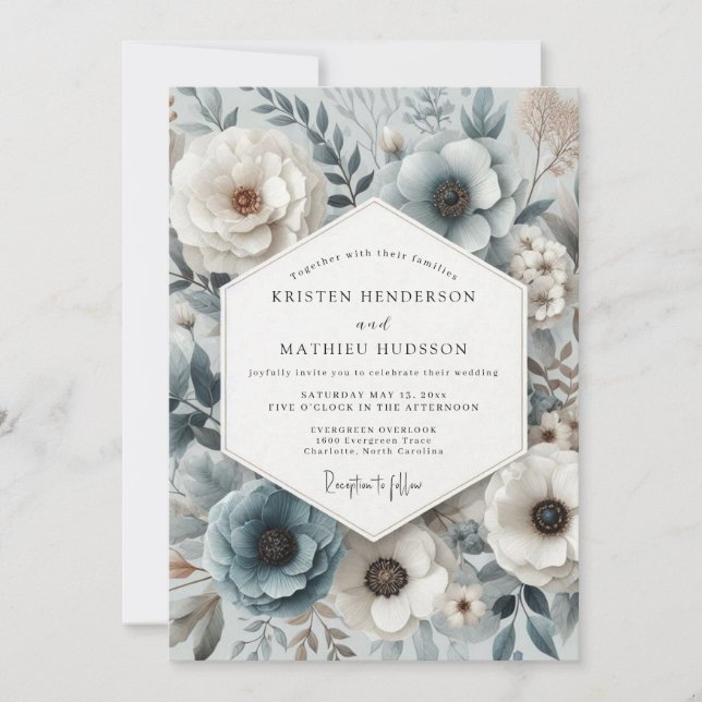 Convite Casamento Floral Botânico Azul Ardesia (Frente)