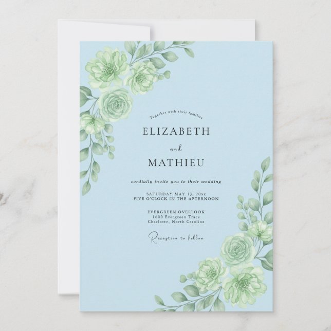 Convite Casamento Floral Botânico Azul Claro (Frente)