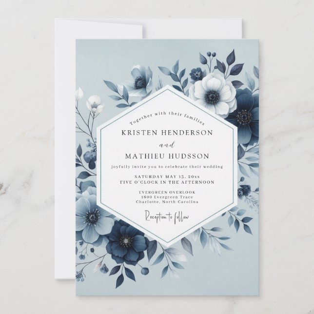 Convite Casamento Floral Botânico Azul Desbotado (Frente)