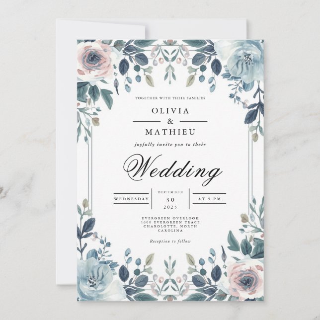 Convite Casamento Floral Botânico Azul-Dusky (Frente)