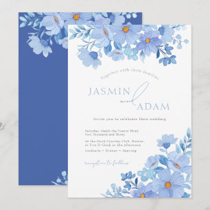Convite Casamento Floral Botânico Azul Elegante