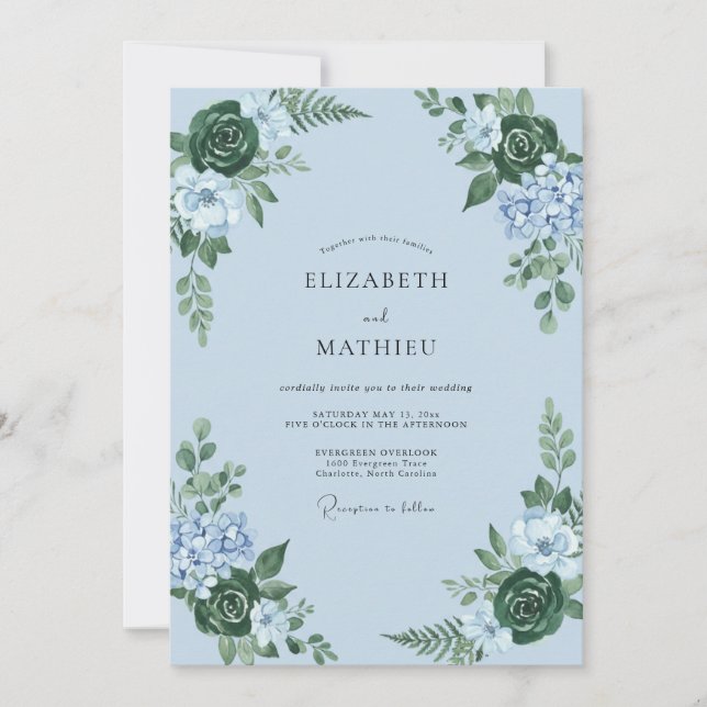 Convite Casamento Floral Botânico Azul Gelo (Frente)