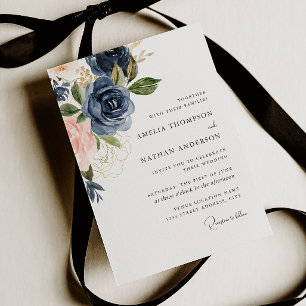 Convite Casamento Floral Botânico Azul-Marinho
