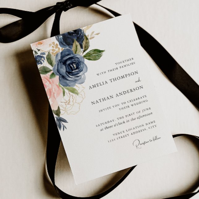 Convite Casamento Floral Botânico Azul-Marinho (Criador carregado)