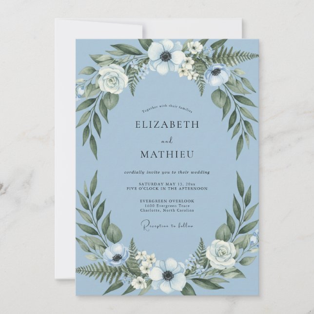 Convite Casamento Floral Botânico Azul Pálido (Frente)