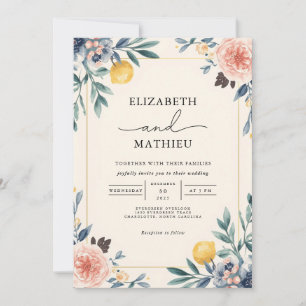 Convite Casamento Floral Botânico Azul-Pêssego Elegante